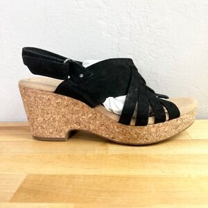Clarks Wedges Giselle Black Suede Strappy Cork Platform Sandals Size 8